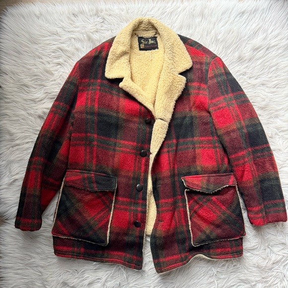 Unique Vintage Other - Vintage 60s Rancher Cabincore Red Plaid Wool Chore Jacket Coat Sherpa Shearling